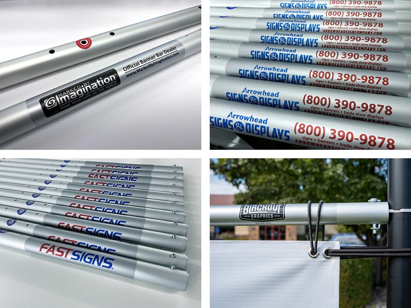 Banner Bar poles custom-branded for dealers including FastSigns, Arrowhead Signs and Displays, Marked By Imagination, and Blackout Graphics